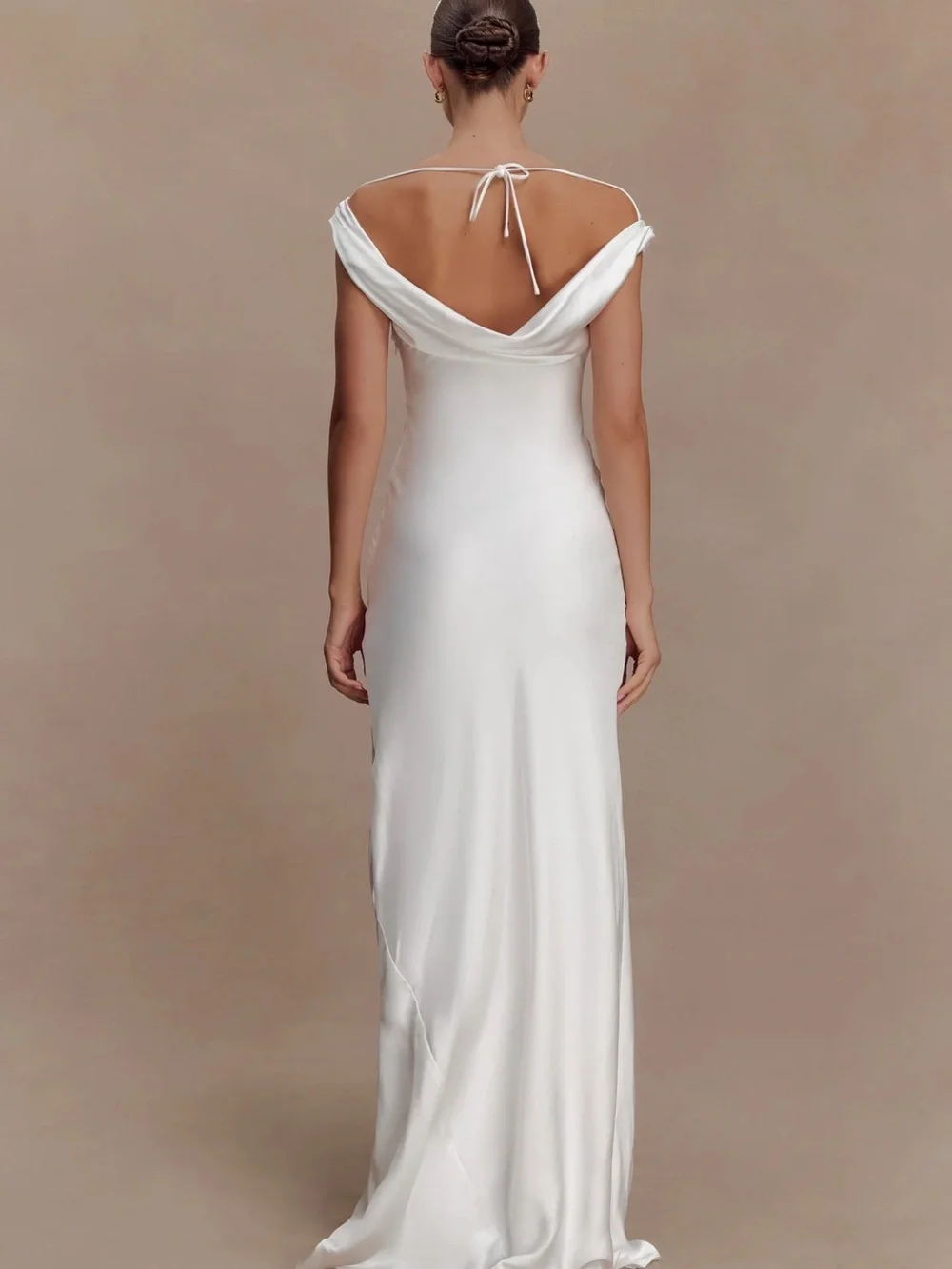 Elegant Off-Shoulder White Satin Evening Dress (Ashley - Meshki - Medium) - Picture 2 of 7